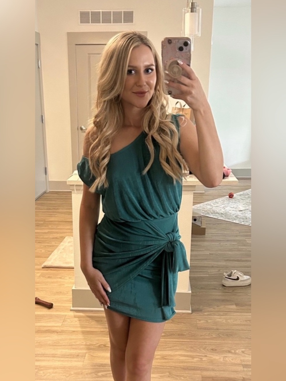 BKE Teal One-Shoulder Knot-Waist Mini Dress